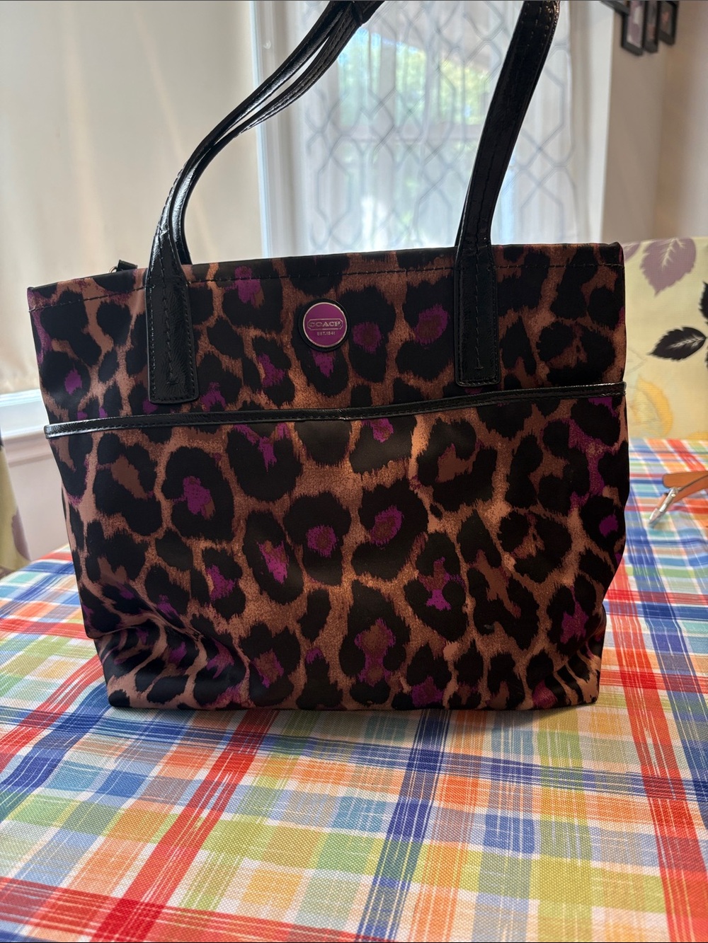 Coach Leopard-Print Tote in Brown and Purple with Black Trim
